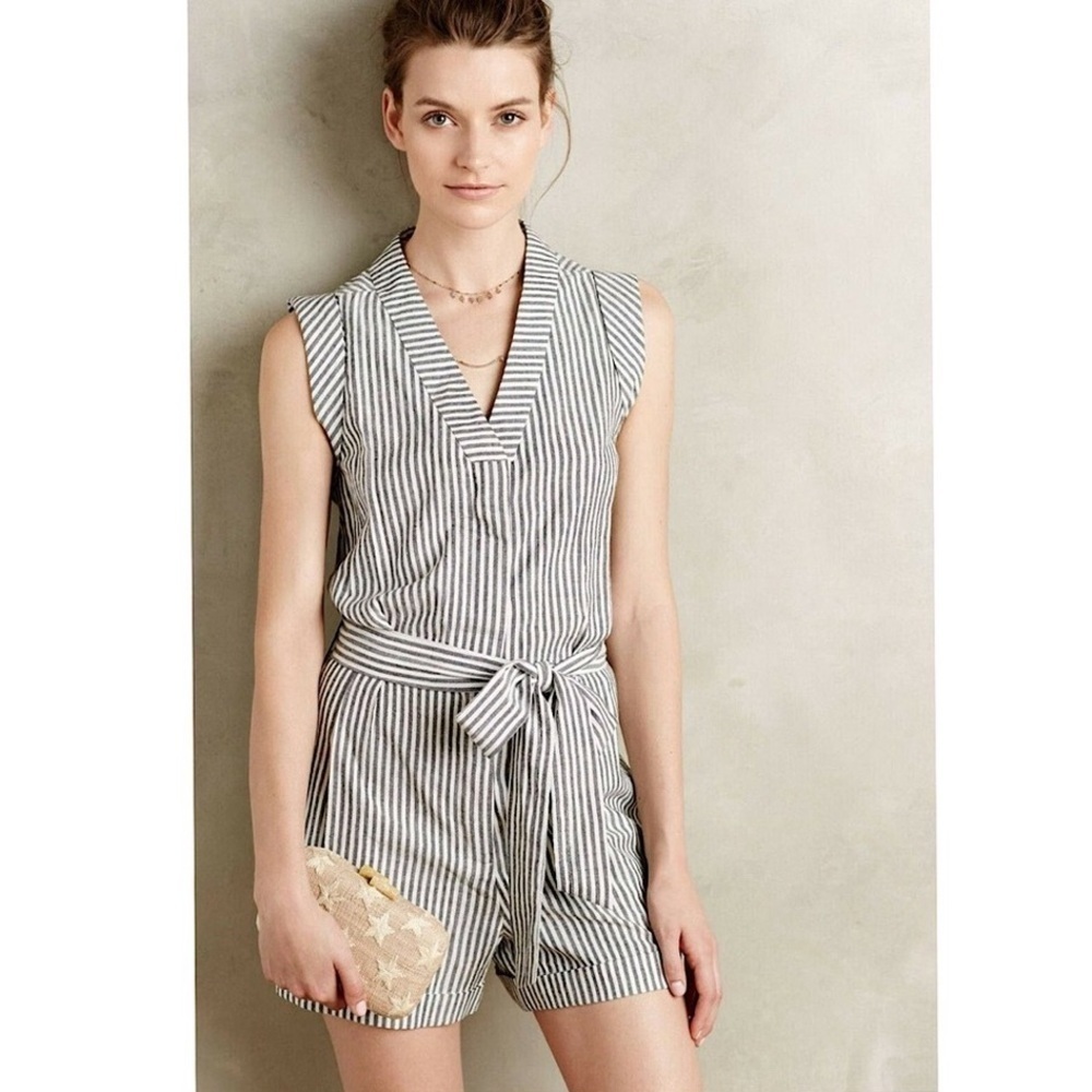 Anthropologie Whit Two Striped Romper Black White Sz 12P PETITE